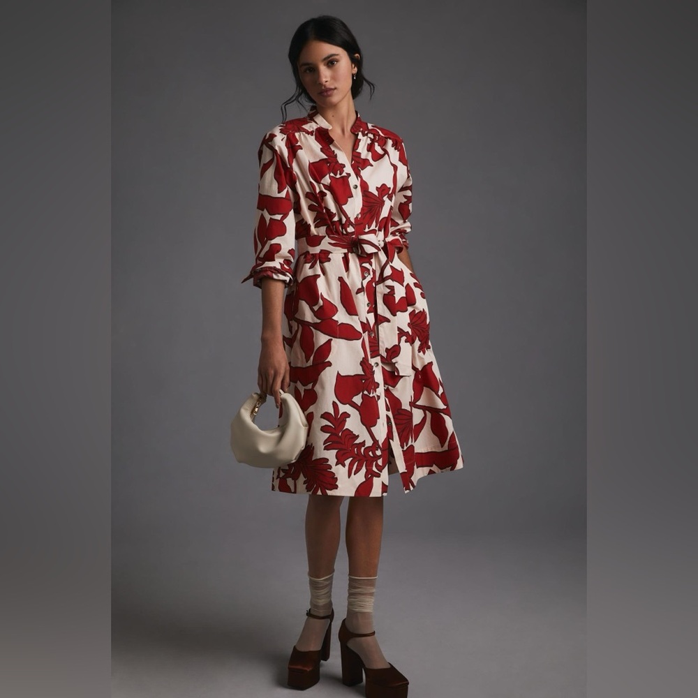 Maeve Printed Red and White Shirt Dress with Belt Wrap | XS
